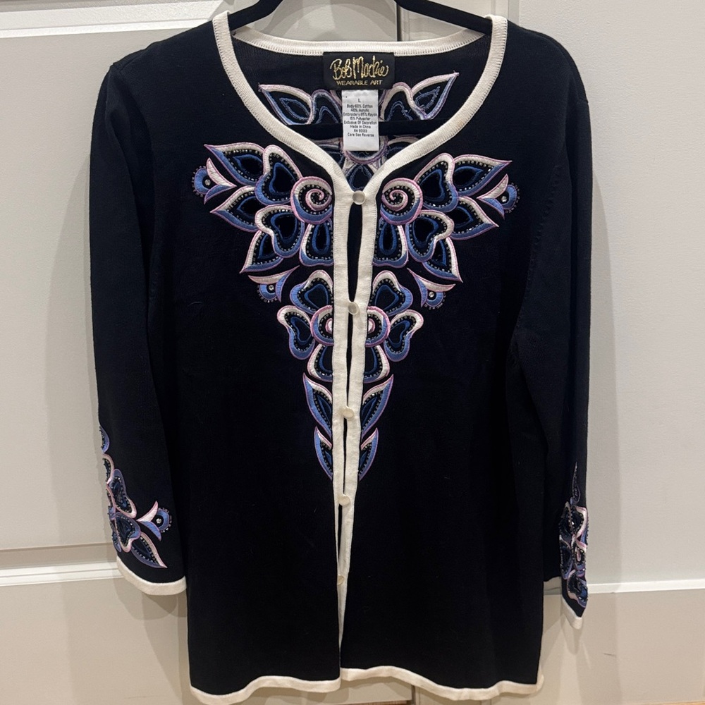Vintage Bob Mackie Wearable Art Black Top with Purple and Blue Embroidery